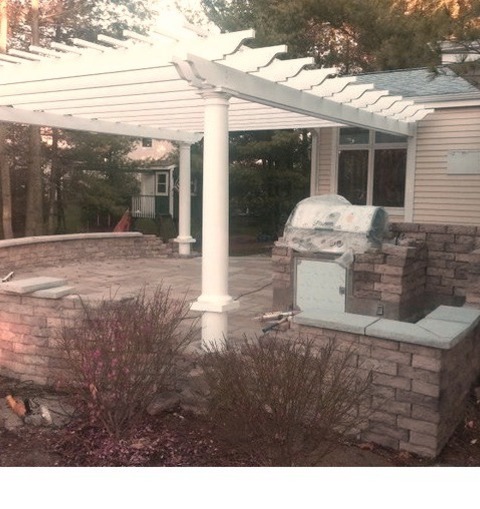 Outdoor Kitchen - Traditional PatioExample Of A Large Classic Backyard Stone Patio Kitchen Design With