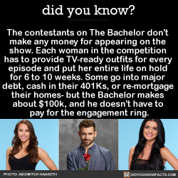 did-you-kno:  The contestants on The Bachelor don’t  make any money for appearing on the  show. Each woman in the competition  has to provide TV-ready outfits for every  episode and put her entire life on hold  for 6 to 10 weeks. Some go into major