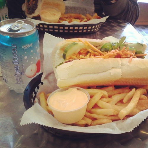 Bun Mi Sandwiches. I love these Asian style sandwiches. Pork and beef with French fries and lychee flavored Aerated water. (at Bun Mi Sandwiches)