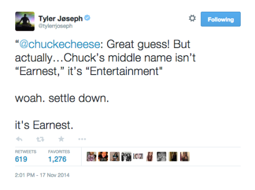 barocknroll:twenyonepilots:CHUCK JUST GOT GOTTALK SHIT GET HIT CHUCK E. CHEESE