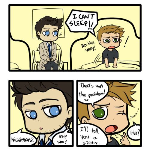 tsuki-nekota:  SPN - Sleep little boy by Tsuki-Nekota (please understand my stupid english :P)Destiel Overload!!!Why my inspiration always comes at night?[ The next will be about Sam and Lucifer (again) ] 