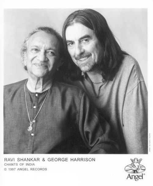 Ravi Shankar and George Harrison, 1997; photo by Carolyn Jones, © 1997 Angel Records.Q: “