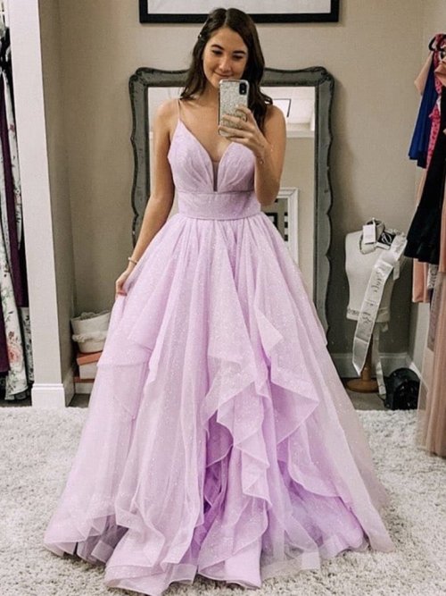 jbydress: Shiny V Neck Purple Tulle Prom Dresses, Purple Long Formal Evening Dresses