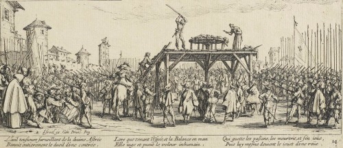“The Wheel,” by Jacques Callot, from “The Miseries and Misfortunes of War,” 1633. It depicts a perso