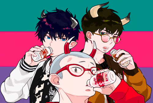 ★{ Ao no Exorcist / 青の祓魔師 }★↳ New Year’s art from Kato featuring Rin, Yukio and Konekomakru  (no tex