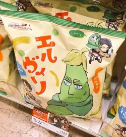 Japanese snack packaging featuring hounori’s character designs for Spoof on Titan: Eren, Levi, and&hellip;Erwin &gt;__&gt;; (Source)DANCHOU PLS