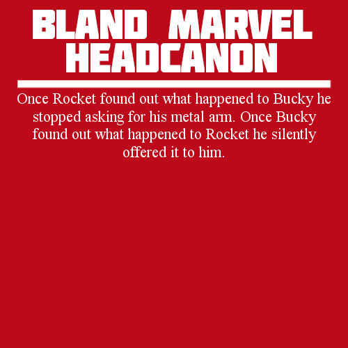 blandmarvelheadcanons:
“ Once Rocket found out what happened to Bucky he stopped asking for his metal arm. Once Bucky found out what happened to Rocket he silently offered it to him.
”