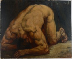 art-and-things-of-beauty:G. Hoftzer (early 20th century) - Kneeling male nude, oil on panel, 66 x 80 cm. 1910.