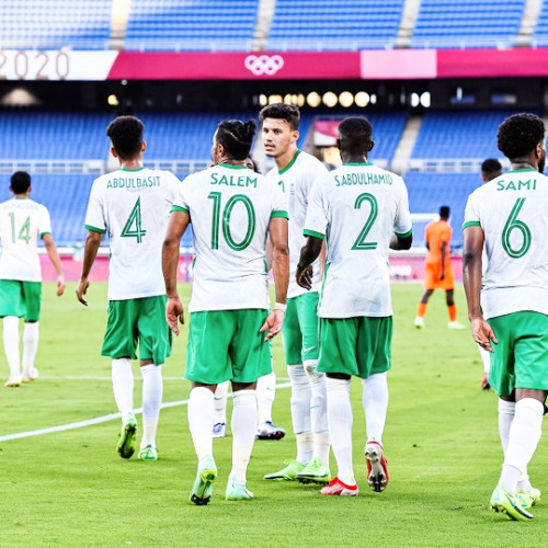 Salem Aldawsari of Saudi Arabia celebrates his goal with team mates during the Tokyo 2020 Olympic Ga