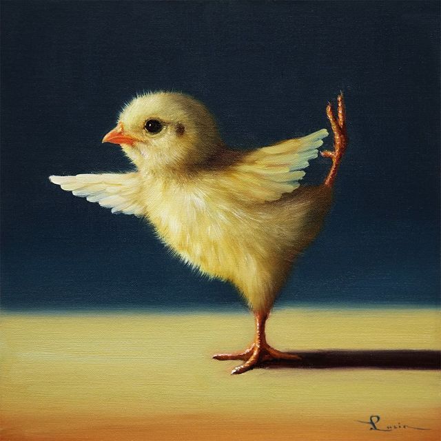 ousia-poetica:I have seen so many strange things that I am not surprised to see a baby chick doing physical and mental exercise. Art by Lucia Heffernan on Etsy.