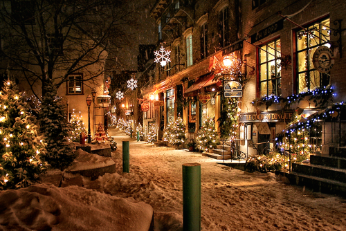 prewars: quebec city’s petit champlain neighbourhood at christmas. established in 1608, it is 