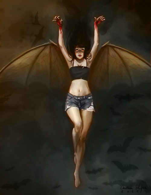 Day 28 - Bats! Snow day today! So I finished up this. Used cool painting call  La Femme Chauve-