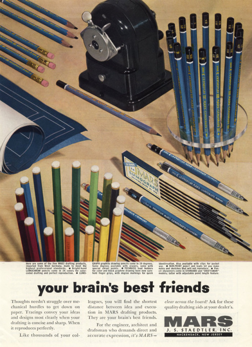 J.S Staedtler Mars, ad for pencils, your brain&rsquo;s best friends, 1958. For the engineer, the arc