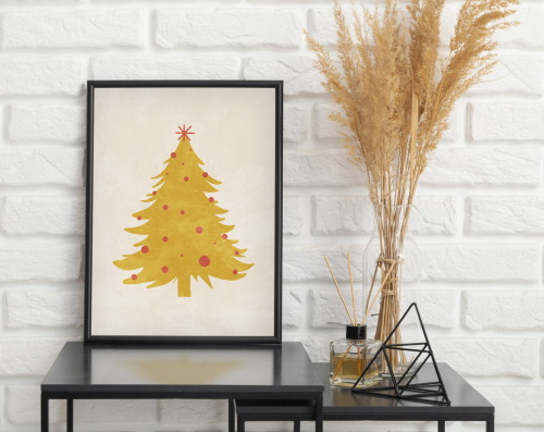  Christmas wall art set of 3 prints, Mustard yellow tree, Mid century modern wall art, Merry Christm