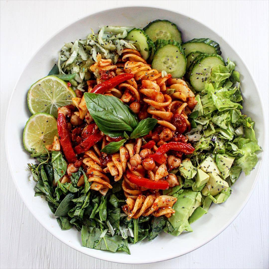 shana-makins:  Tomato and chickpea pasta + greens = 🙌 Spinach leaves, lettuce,
