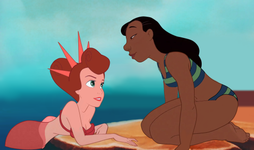 A digitally composited image of Attina, Ariel's oldest sister, and Nani. Attina is a mermaid with an orange tail and seashell bra. Attina is half in the water, right at shore, leaning onto land, looking up at Nani, smiling. Nani is kneeling next to the water, looking down at Attina, smiling.