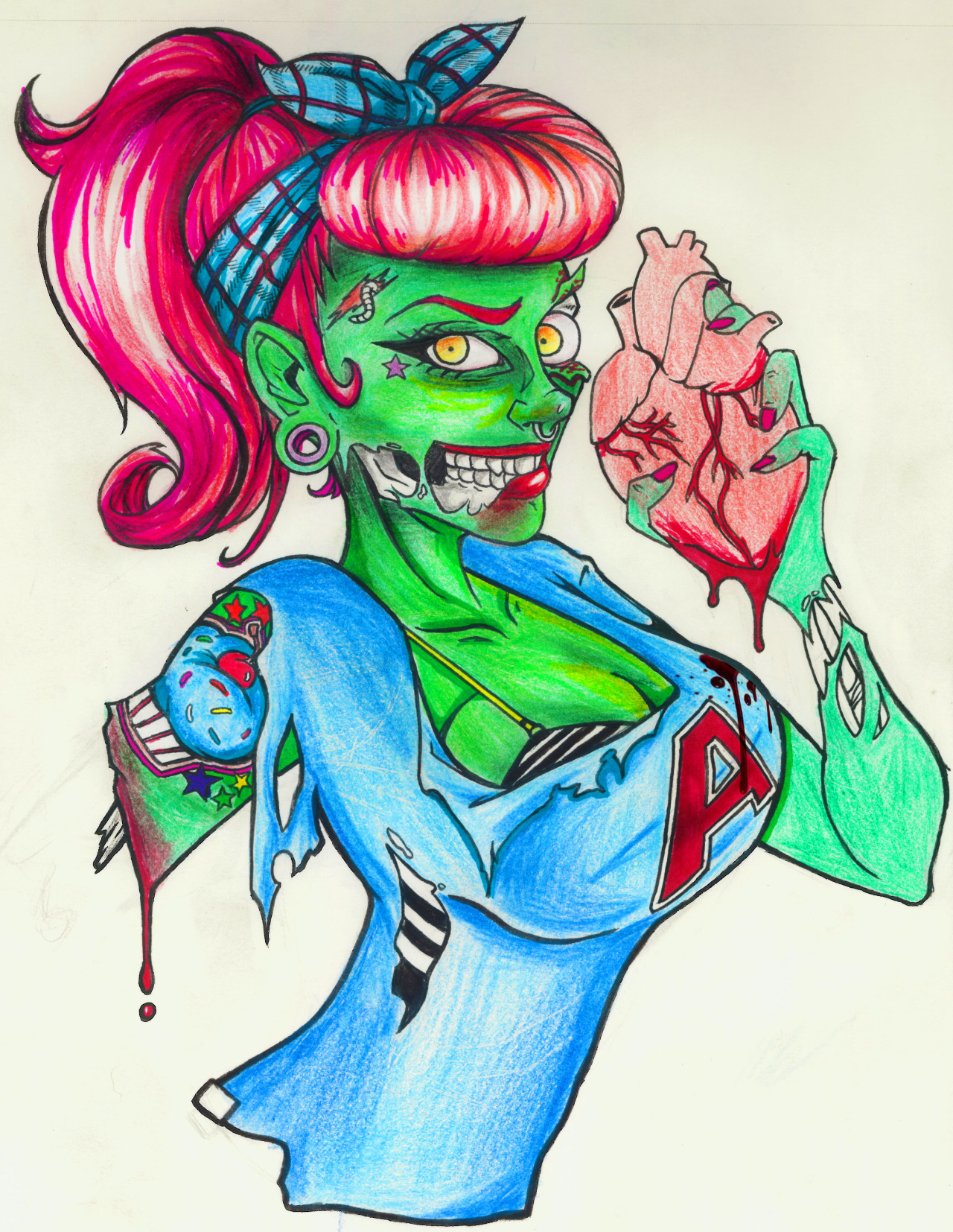 Zombie Pin-Up Tattoo design for a friend (not finished yet) - Ink, colour pencils,