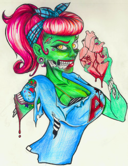Zombie Pin-Up Tattoo Design For A Friend (Not Finished Yet) - Ink, Colour Pencils,