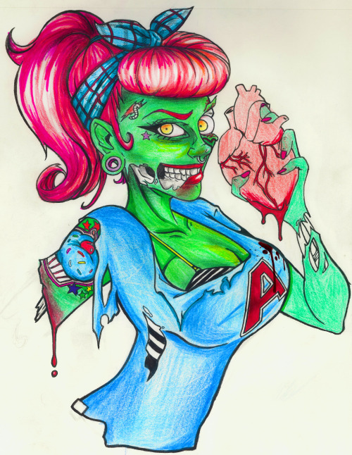 Zombie Pin-Up Tattoo design for a friend (not finished yet) - Ink, colour pencils, markers & photoshop Diseño de tattoo para una amiga (sin terminar) - Tinta, lápices de colores, rotuladores y un toque de photoshop.