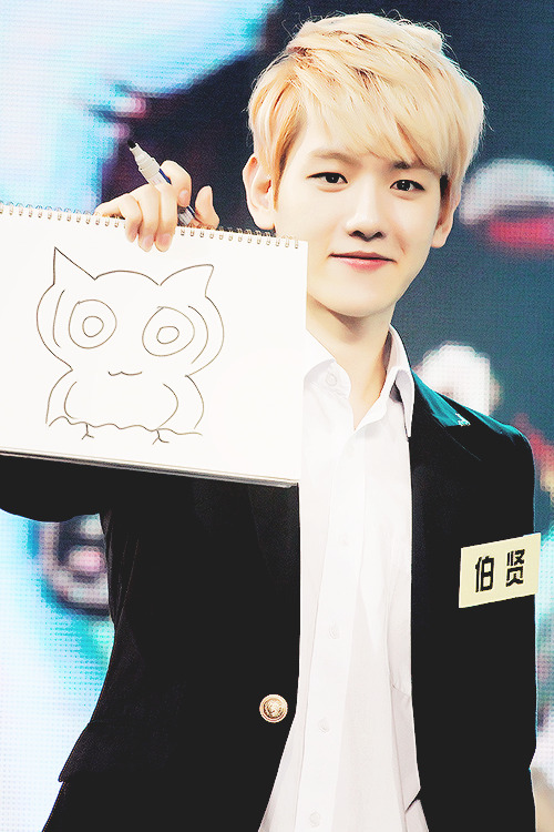 byunbunnie:baek and his cute lil’ owl drawing