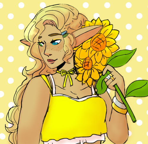 eevee-art:sunflowers lup <3 [ID: Digital drawing of Lup, seen from the waist up. Lup is an elf wi