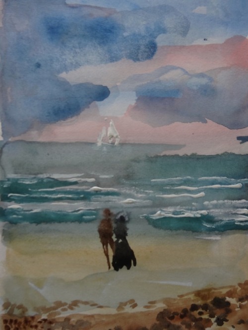 Couple Facing the Sea  -   Emilio Grau i Sala, 1966Catalan,1911-1975Watercolor and gouache on vellum