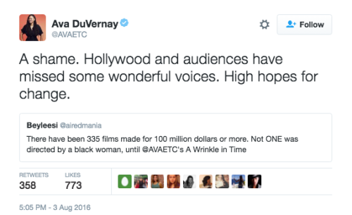 refinery29:  Ava DuVernay just became the first Black woman to direct a 贄 million movie A Wrinkle In Time will be forthcoming from Disney in 2017 and will be the first movie to be directed by a woman of color budgeted over 贄 million. And DuVernay