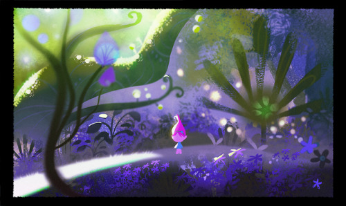 elioli-art:  Part 1Some of the early concepts for the Trolls TV series. All we were initially told was that it had felt textures, Scandinavian shapes, and were given a small sample of the movie plants to ref.  Other than that, it doesn’t look much
