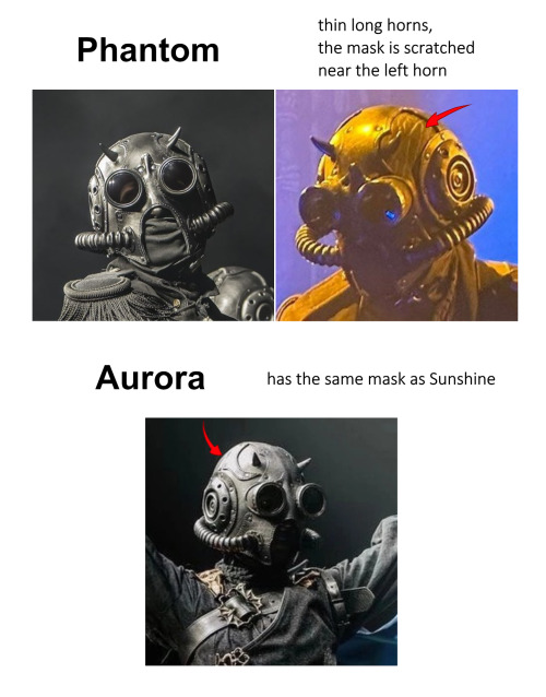 phantom - thin long horns, the mask is scratched near the left horn
aurora - has the same mask as sunshine