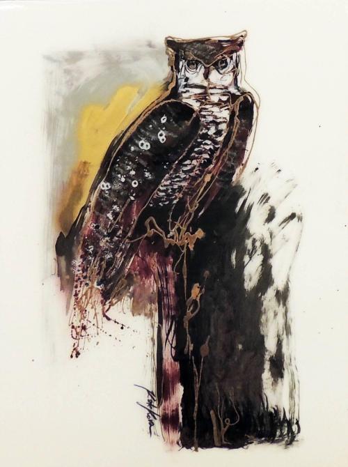 Owl  -    Kate Kova Ukrainian, b. 1982-Resin, ink, acrylic, latex on canvas ,16 x 24 in.   40.6 x 61