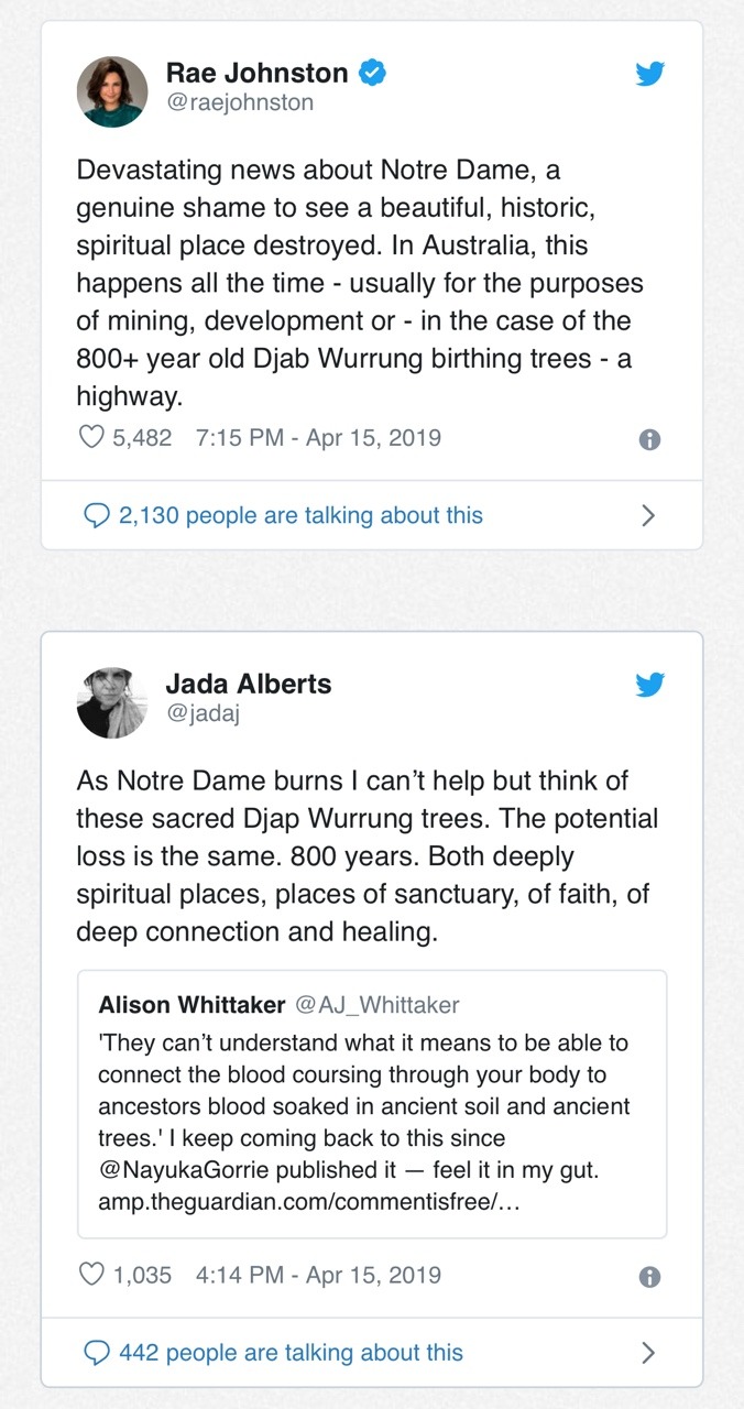 thisiseverydayracism:  https://www.sbs.com.au/nitv/nitv-news/article/2019/04/17/demolition-800-year-old-sacred-trees-compared-notre-dame-fire