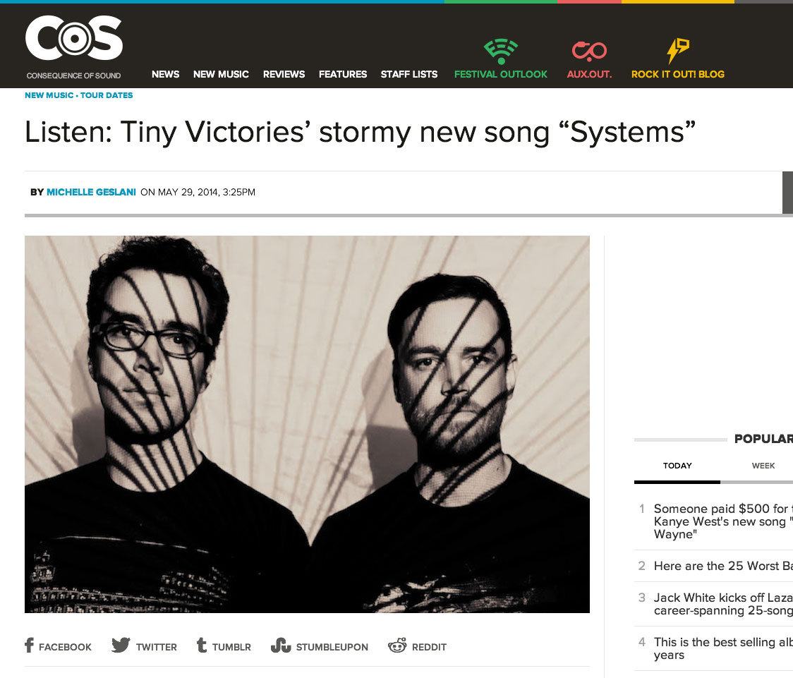 Tiny Victories love from Consequence of Sound. Go listen to “Systems” if you haven’t yet.
Also, the band has some shows coming up. If you’re around, come out and party!
06/05 – Atlanta, GA @ Mammal Gallery
06/07 – New Orleans, LA @ House Party
06/08...