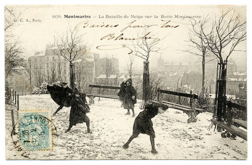 lost-in-centuries-long-gone: Snowball Fighting In Paris (1905) by postaletrice on Flickr. Montmartre