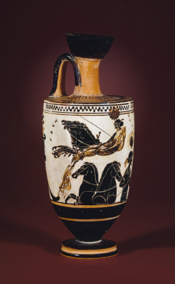 romegreeceart:  Nyx ?A couple of pages claim that Nyx is portrayed in this lekythos painting. I don’t know, but at least there is a chariot and the figure is also a bit gossamer, so perhaps this is Nyx. 