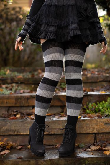 Shadow Stripes Thigh High SocksMonochromatic stripes combine with the same sweatery knit of our belo