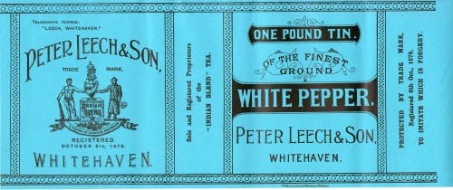 White Pepper Label late 19th century Whitehaven - Peter Leech 