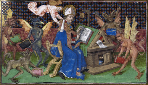 St. Augustine and devils holding booksSaint Augustine, ‘La Cité de Dieu’ (French transla