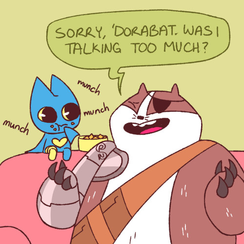 shapeshiftinterest:adorabat and badgerclops hanging out just talkin and eating chips and being whole