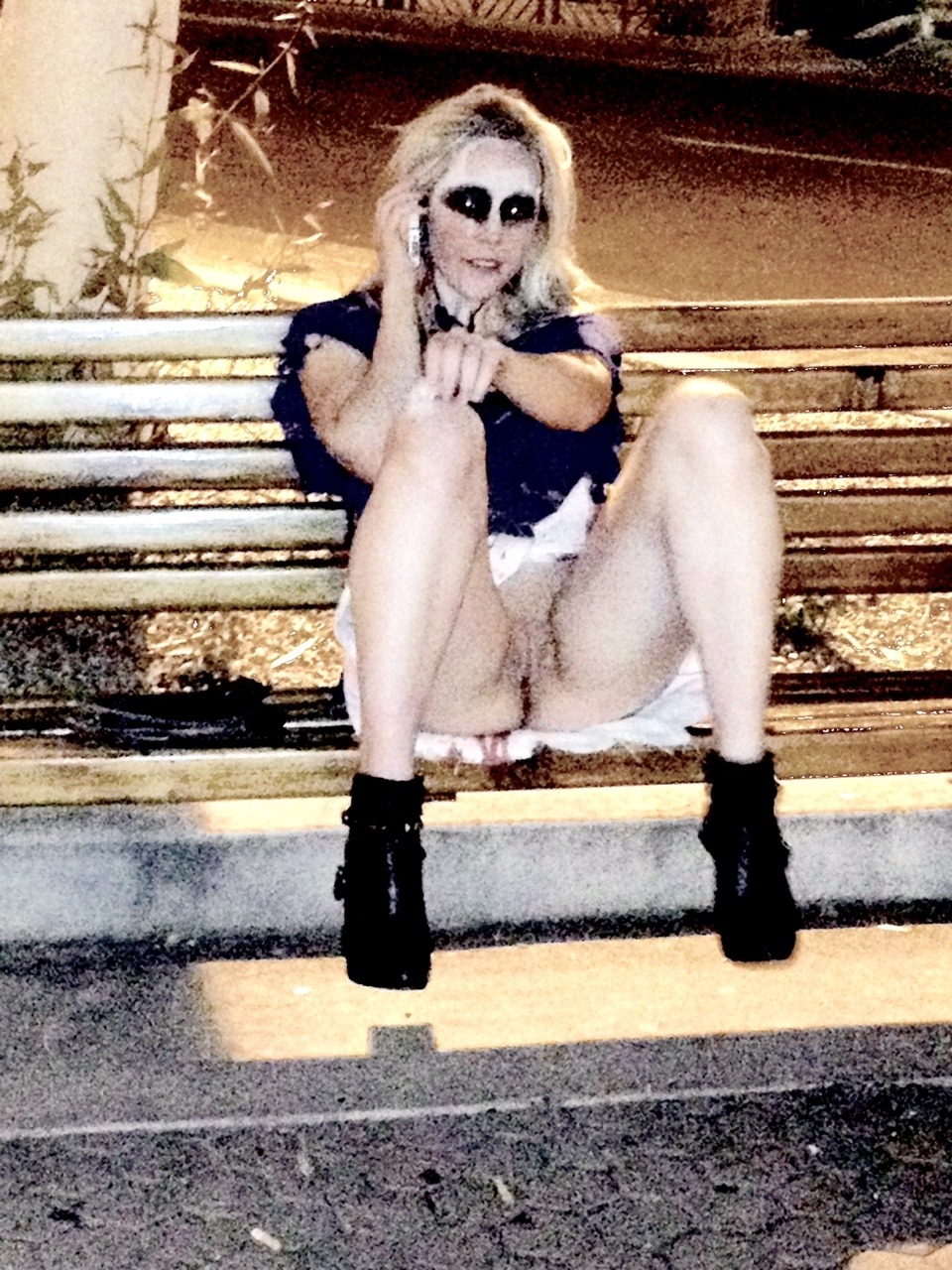 showyourbeautifulbody:  My girlfriend zombie calling a cab for us and our friends.
