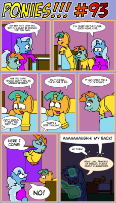 poniesbangbangbang:  PONIES!!! #93 &ldquo;Chloroform? For them or for you?&rdquo; “Yes.” Since Trixie is a traveling showmare I guess she has slept in unplesant conditions more than once. Also, horses can sleep standing up, beds aren’t a necessity.