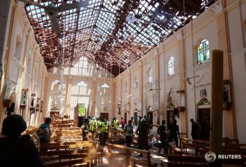 The site of the bomb blast inside the St. Sebastian church in Negombo, Sri Lanka.