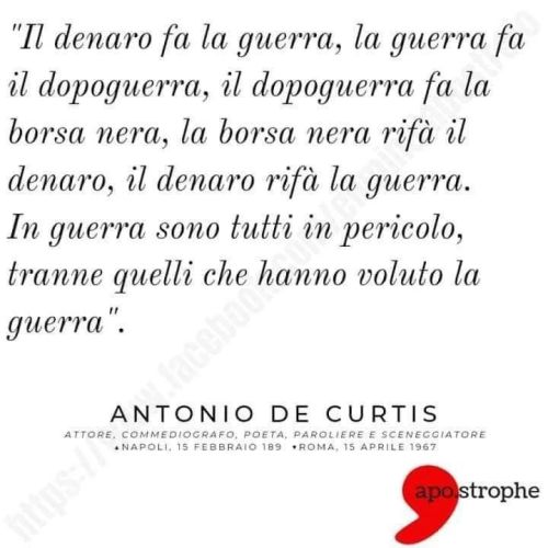 Non ci potrà mai essere pace finché i beni della terra sono così ingiustamente distribuiti. Guerra non è solo il tuono dei cannoni, ma la semplice esistenza di questo violento sistema economico.
Don Tonino...