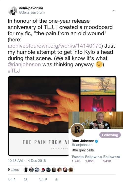 delia-pavorum: In other news, Rian Johnson was the first like on this tweet about my fic, the pain f