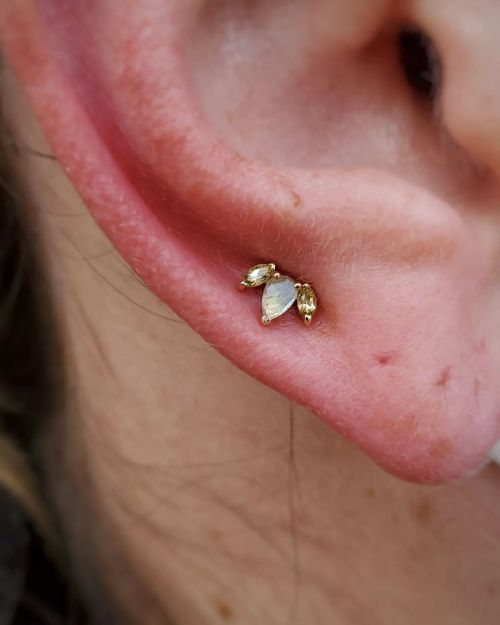 *Ace Ventura voice* “Like a glove ” Fresh high lobe piercing done with a peridot & l