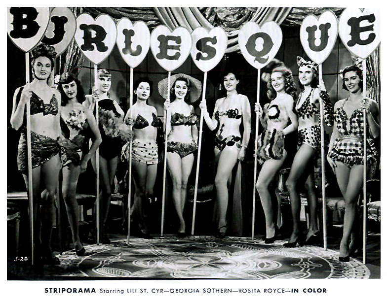 A bevy of showgirls pose for a lobby card used to promote the 1953 film &lsquo;STRIPORAMA&rsquo;;