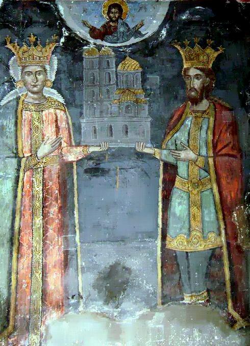 Basarab I of Wallachia (reigned 1310-1352) and his consort, 19th century fresco after a contemporary