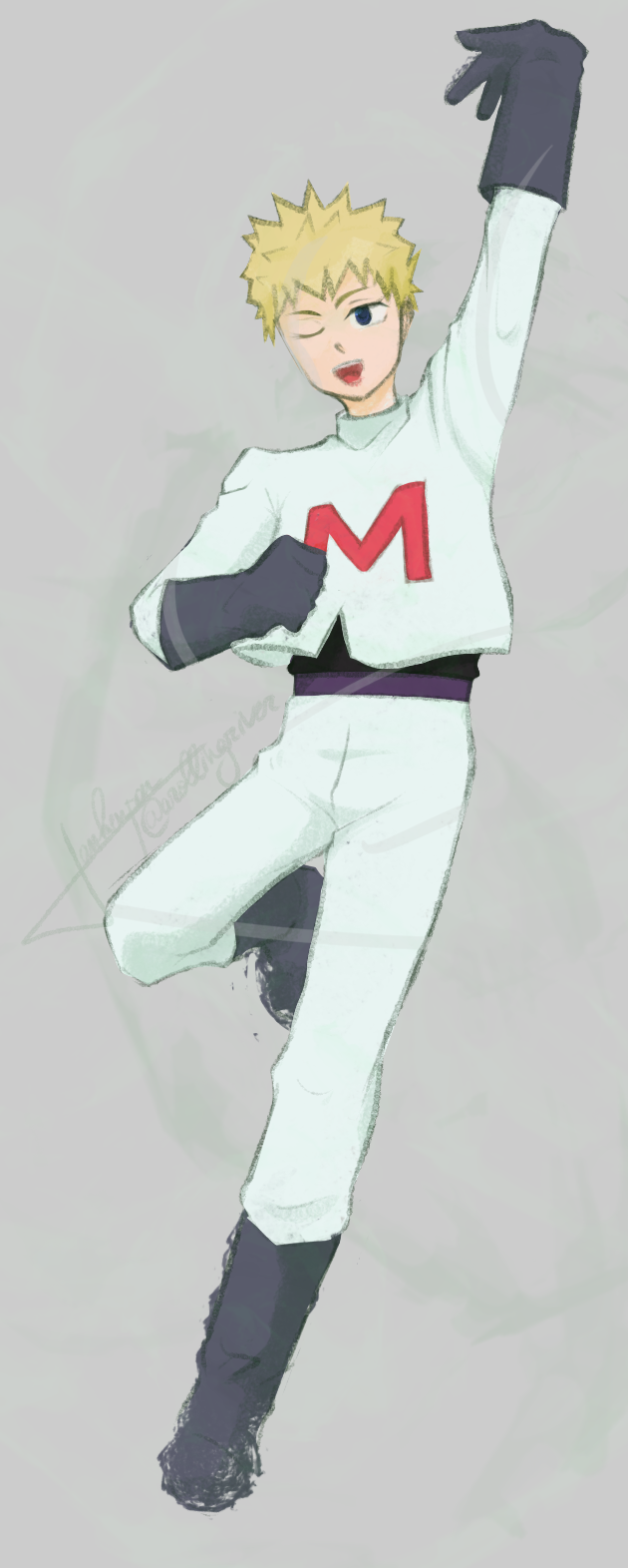 A digital sketch of Teruki Hanazawa wearing a Team Rocket outfit and striking James' pose 