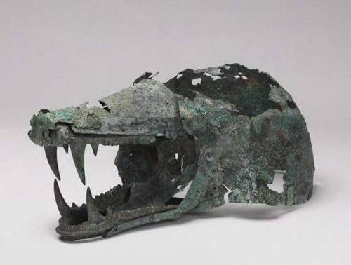 peashooter85:Etruscan bronze helmet in the shape of a wolf’s head, 6th-5th century BC