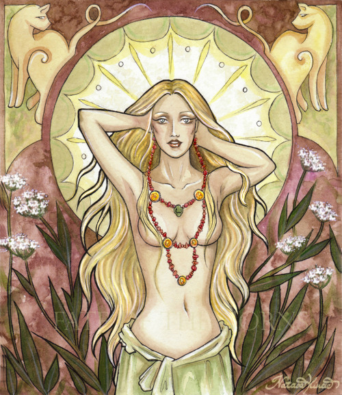 Freya, goddess of love, beauty, fertility, seiðr, war, and death.Artwork for Gulveig - Fate of the N