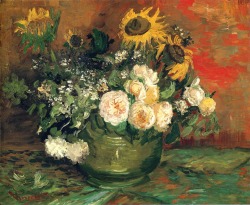 artsymusichoe:  Still Life with Roses and Sunflowers  Vincent Van Gogh  1886